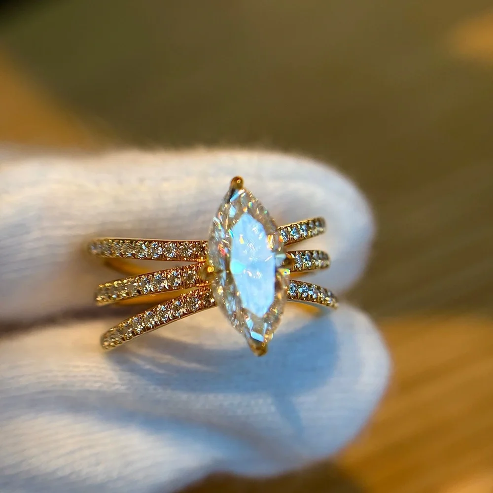 New Certified 18K Gold Plated S925 2CT Marquise Moissanite Stacked bridal Ring 7